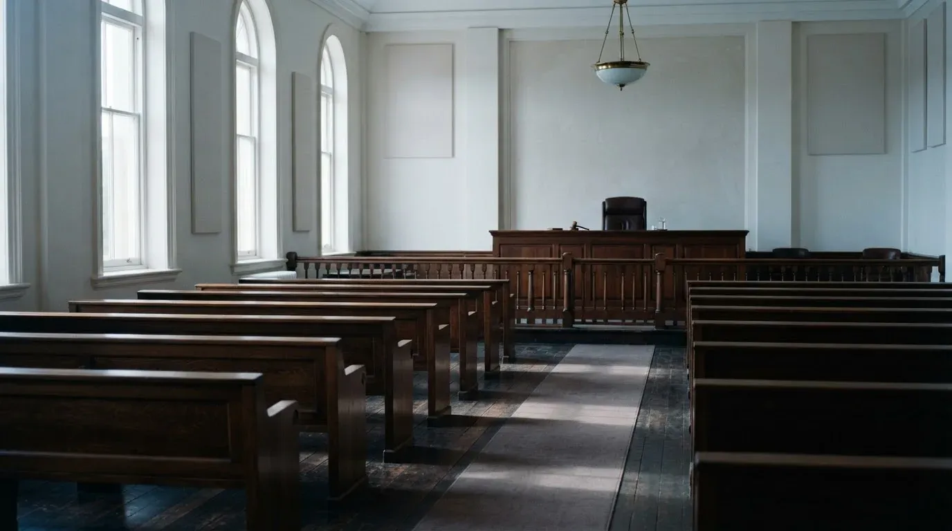 An empty courtroom with wooden benches in morning light
