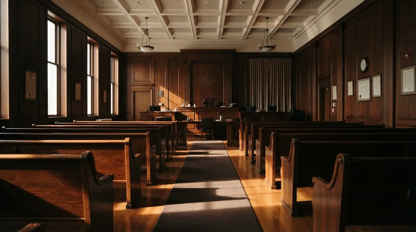 An empty courtroom with wooden benches in morning light