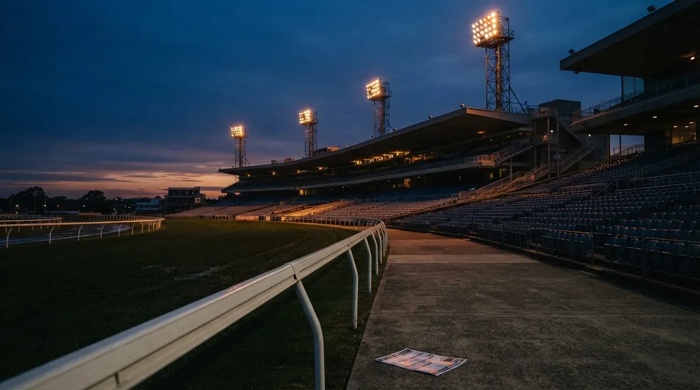 An empty football stadium with floodlight masts at dusk