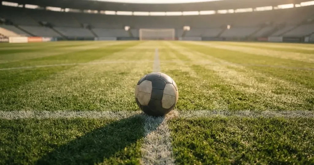 A ball on the centre spot of a grass pitch in morning light