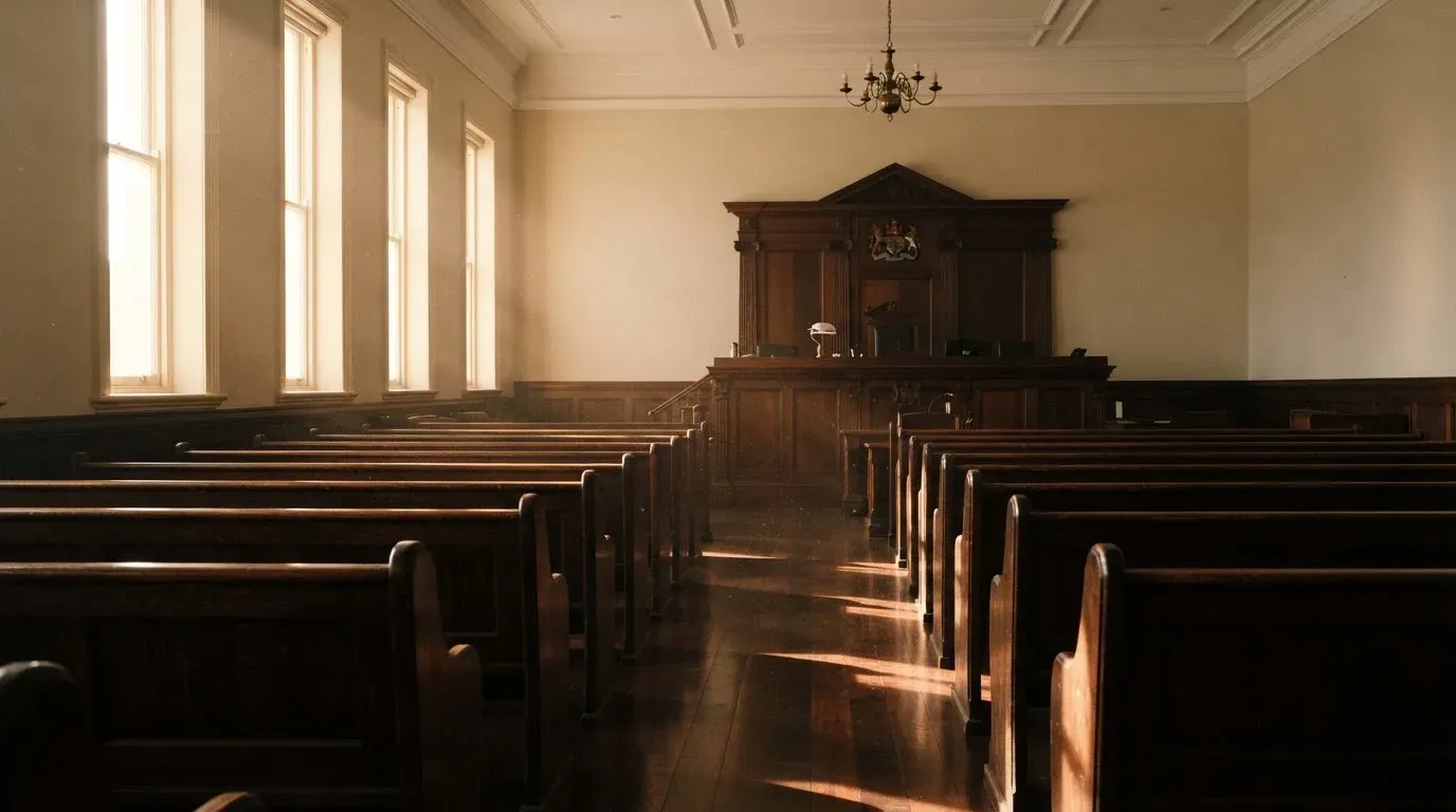 An empty courtroom with wooden benches in morning light