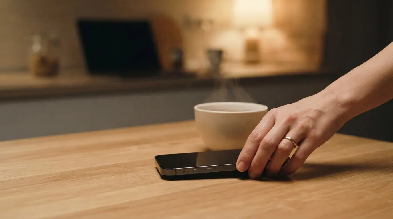 A hand setting a smartphone down beside a cup of tea on a kitchen table on a quiet evening