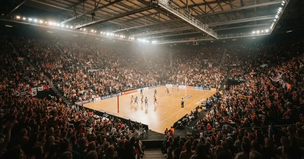 A packed sports hall under floodlights photographed from a long way off