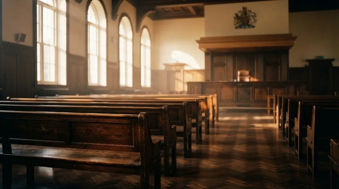 An empty courtroom with wooden benches in morning light