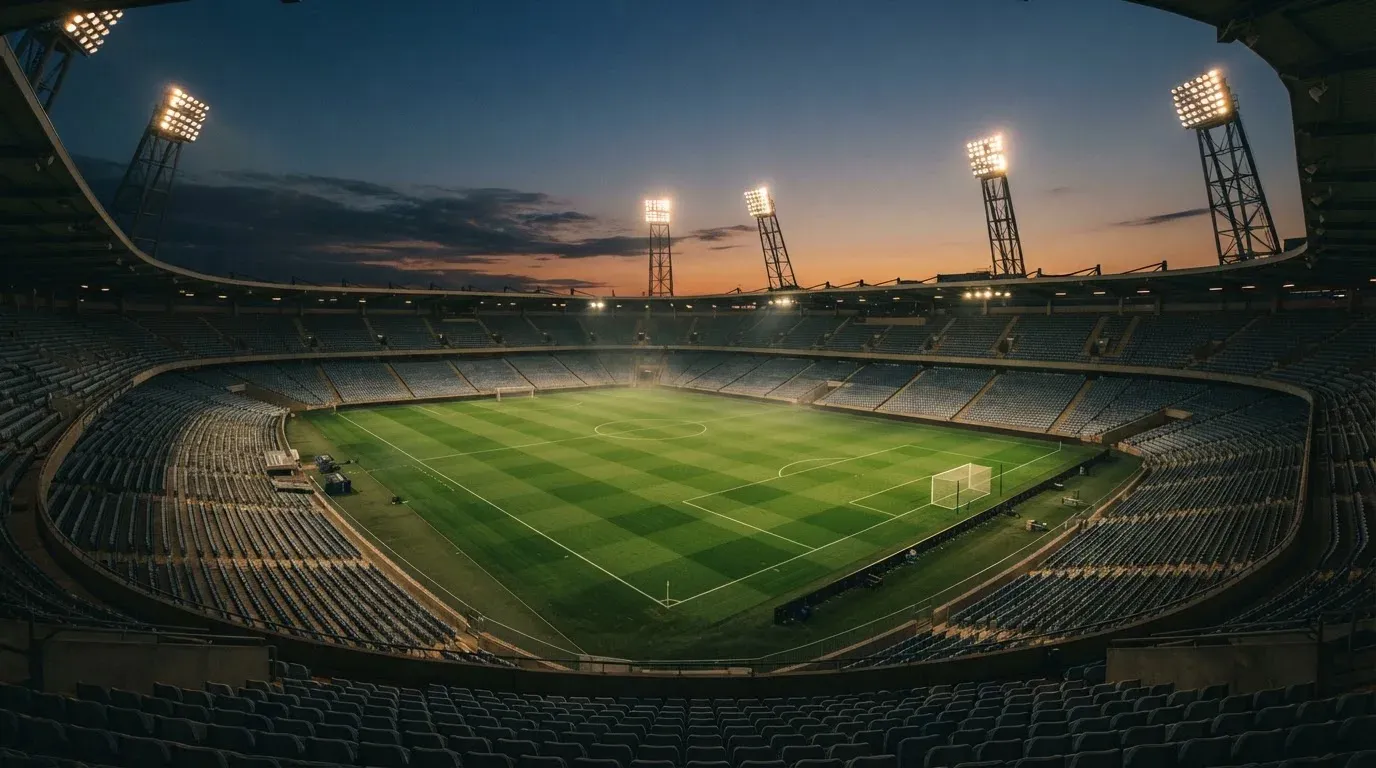 An empty football stadium with floodlight masts at dusk