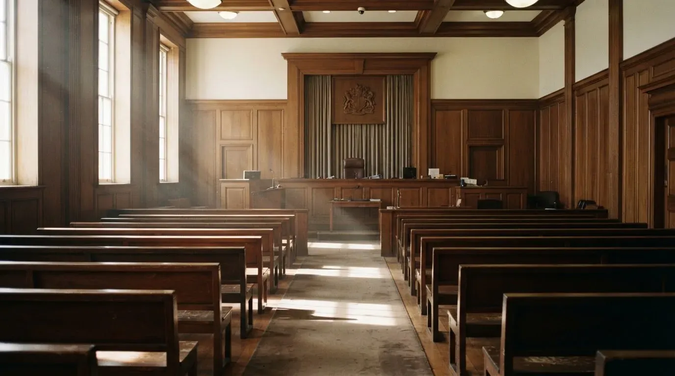 An empty courtroom with wooden benches in morning light