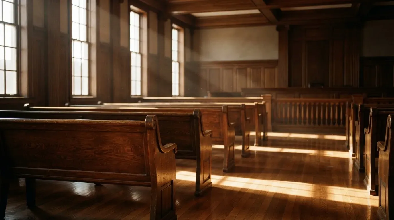 An empty courtroom with wooden benches in morning light