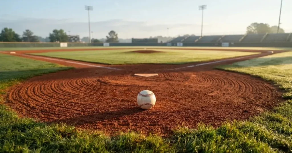 A ball on the centre spot of a grass pitch in morning light