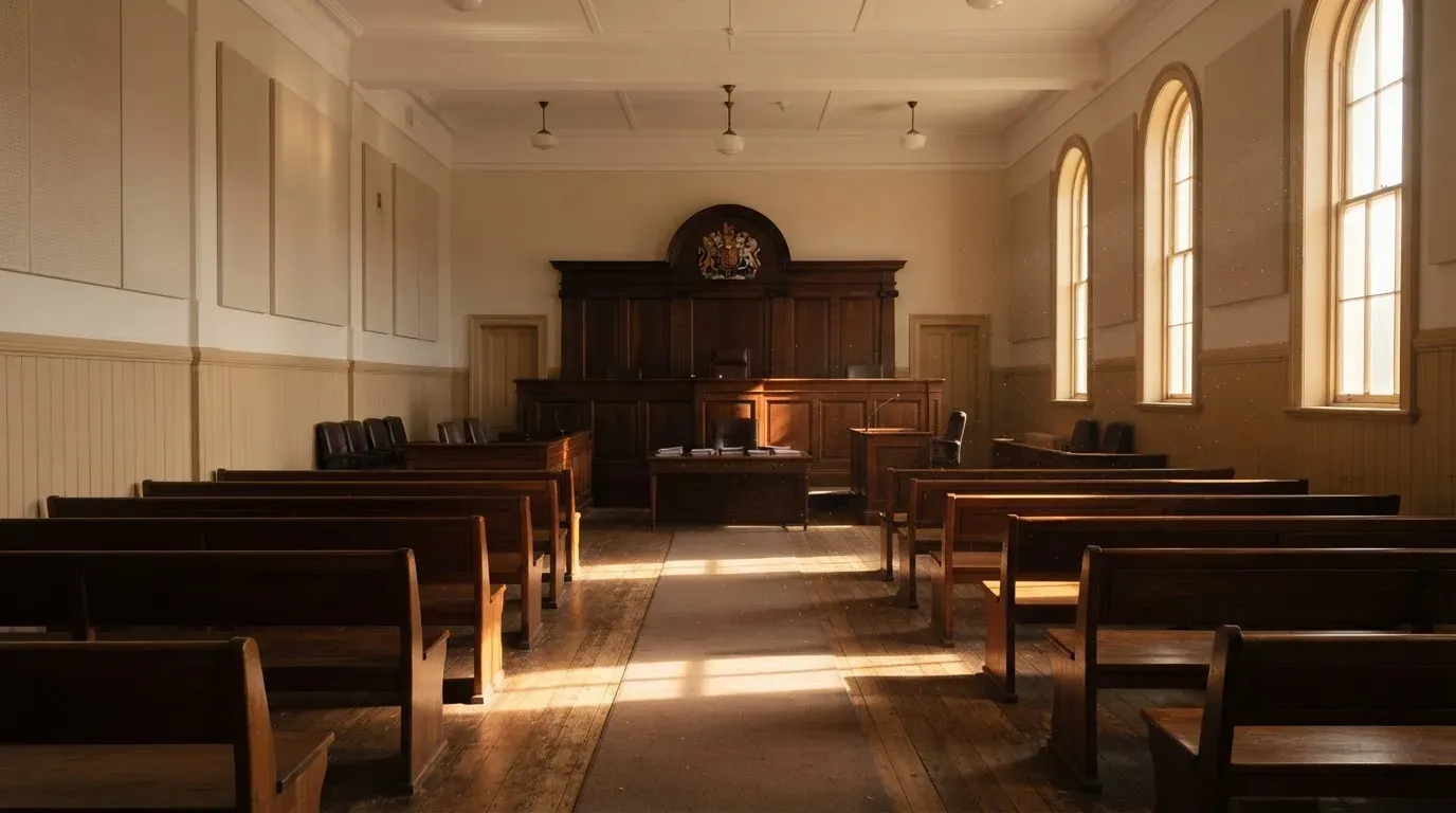 An empty courtroom with wooden benches in morning light