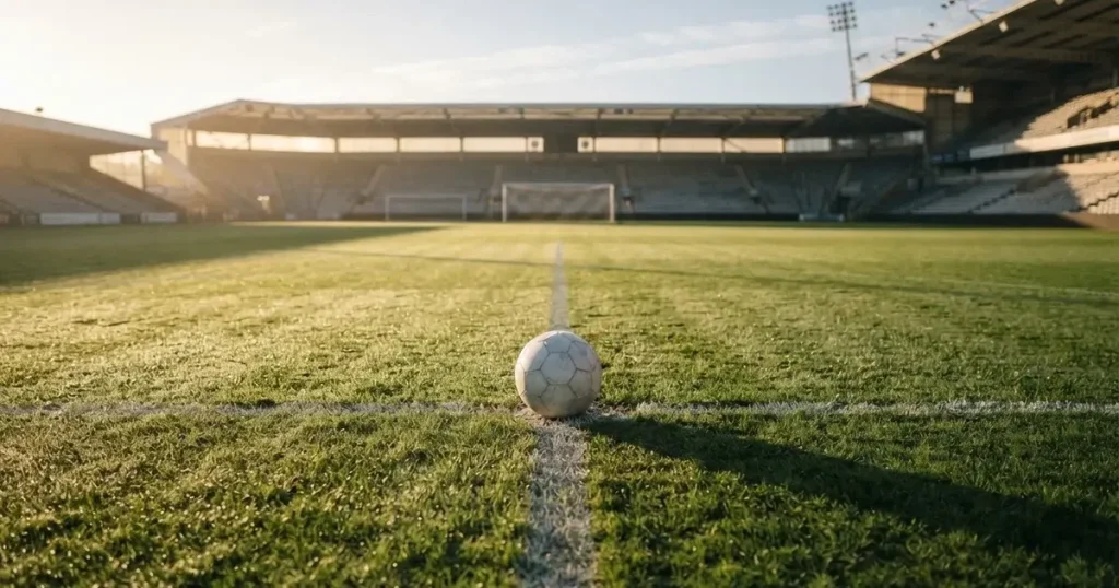A ball on the centre spot of a grass pitch in morning light