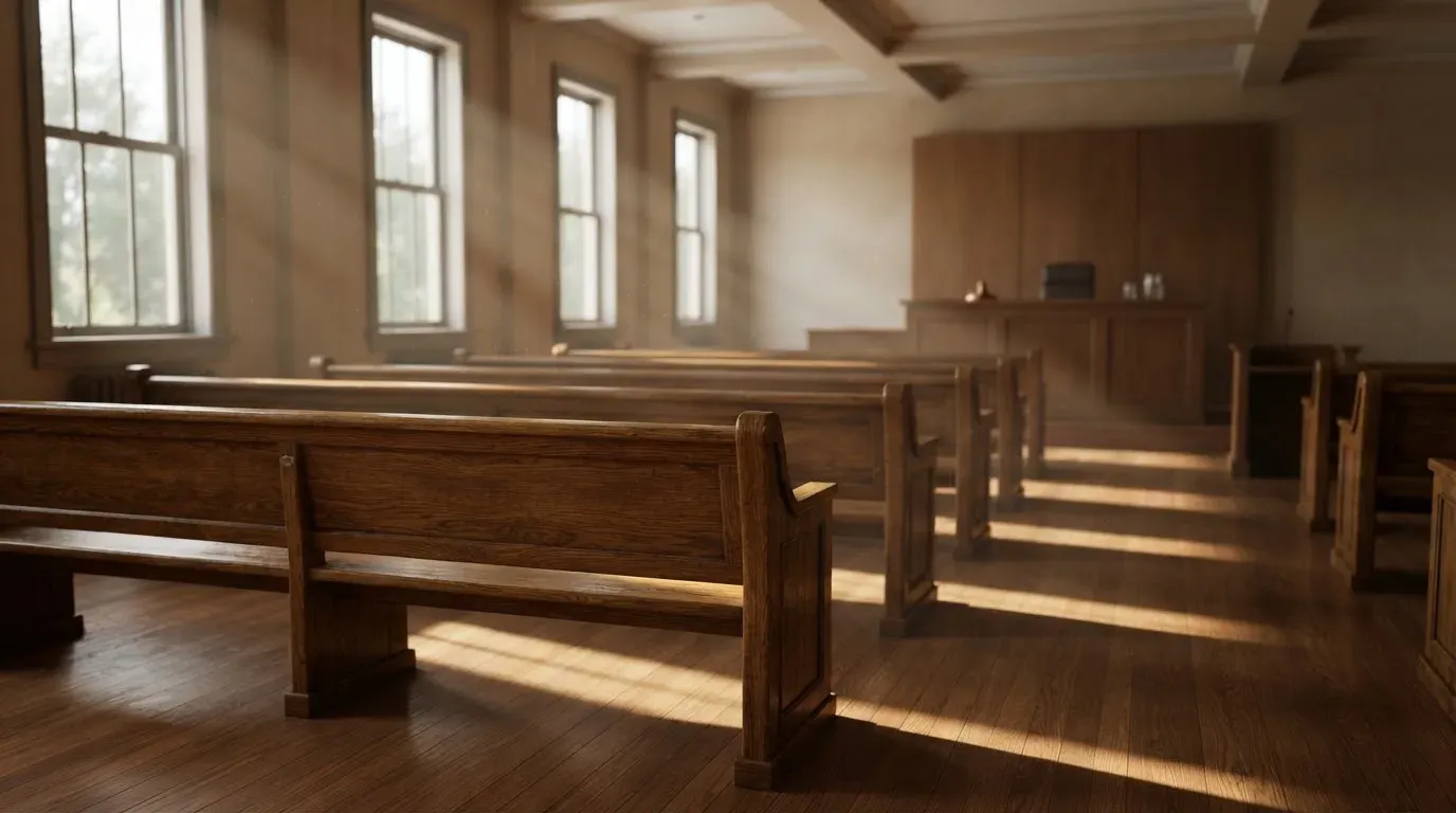 An empty courtroom with wooden benches in morning light