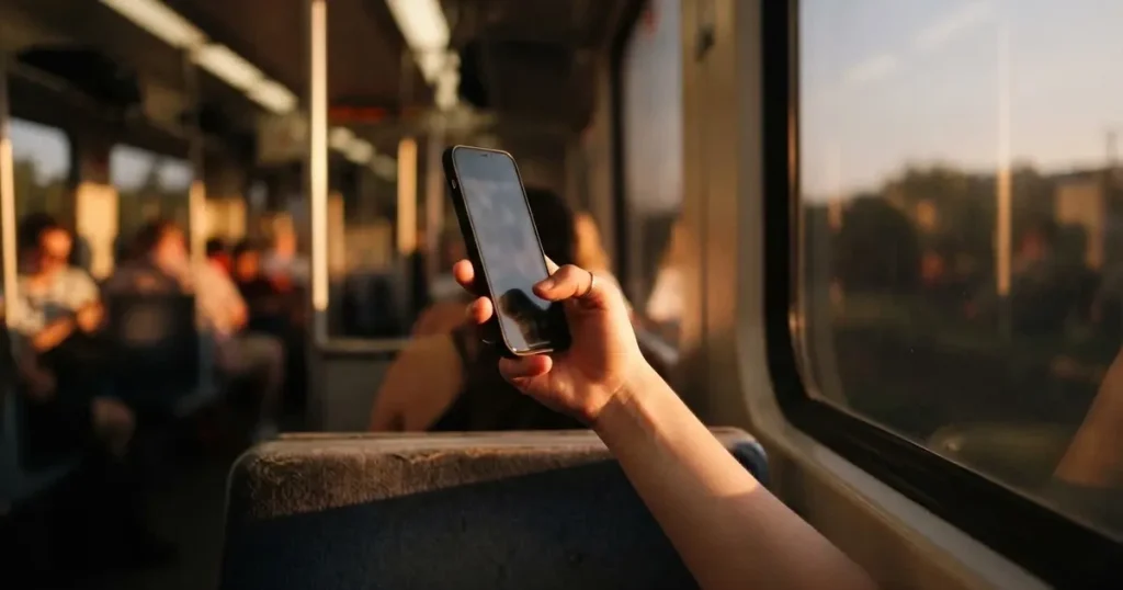 A hand holding a smartphone on a train in the evening, screen turned away