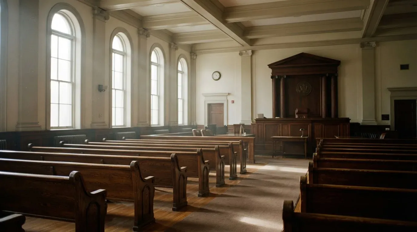 An empty courtroom with wooden benches in morning light