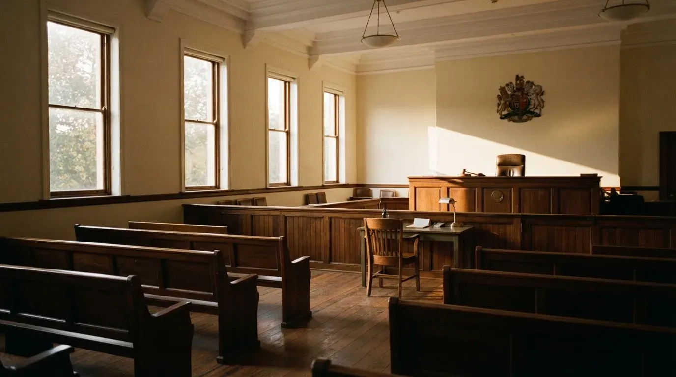 An empty courtroom with wooden benches in morning light