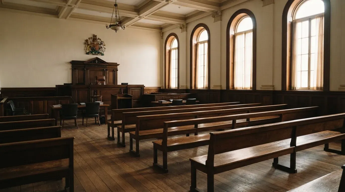 An empty courtroom with wooden benches in morning light