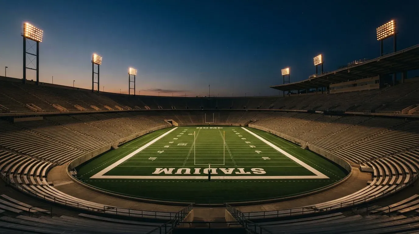 An empty football stadium with floodlight masts at dusk
