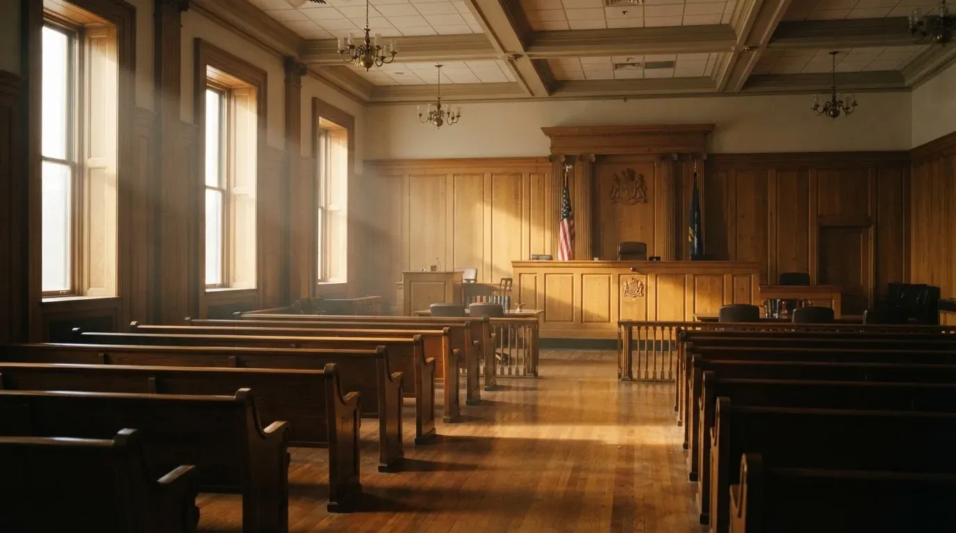 An empty courtroom with wooden benches in morning light