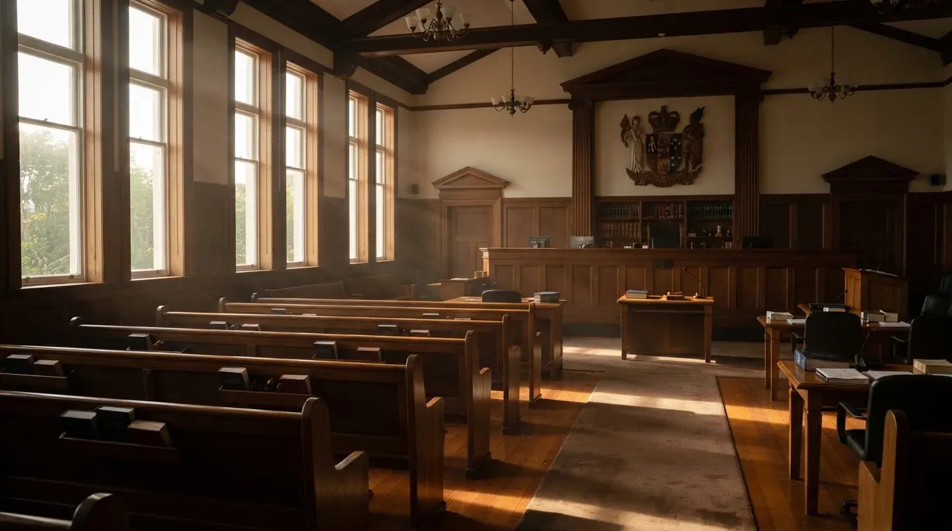 An empty courtroom with wooden benches in morning light