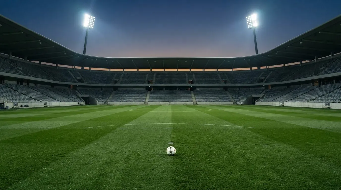 An empty football stadium with floodlight masts at dusk