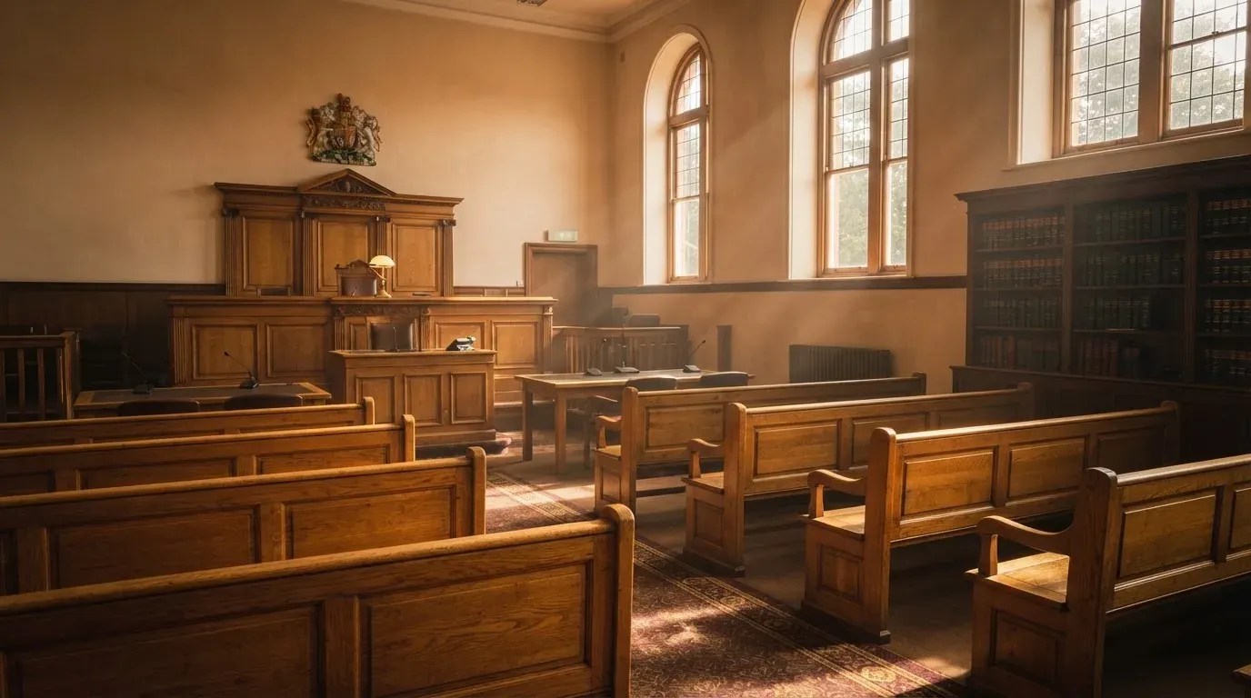 An empty courtroom with wooden benches in morning light