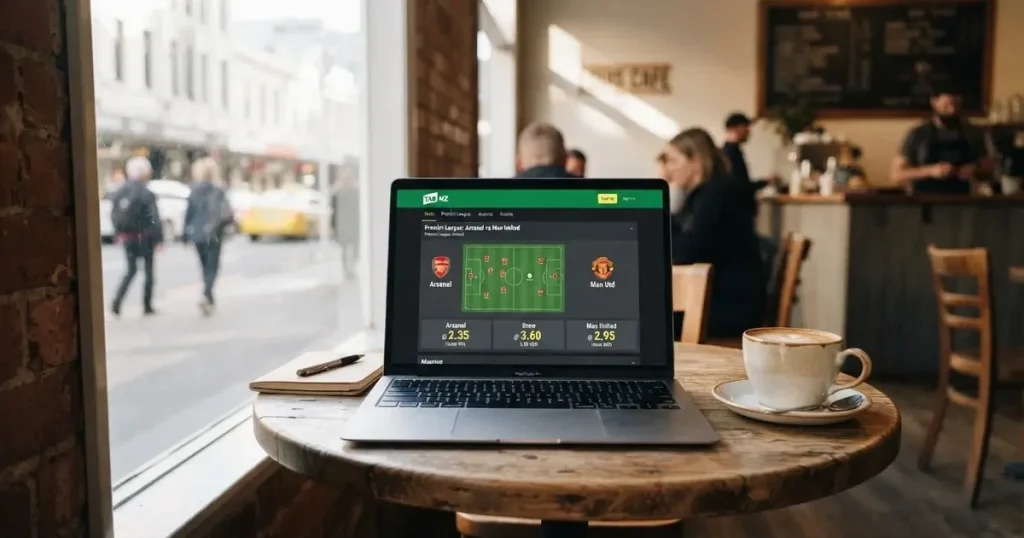 A laptop on a café table by a window onto the street
