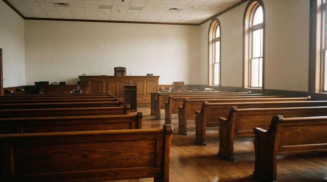An empty courtroom with wooden benches in morning light
