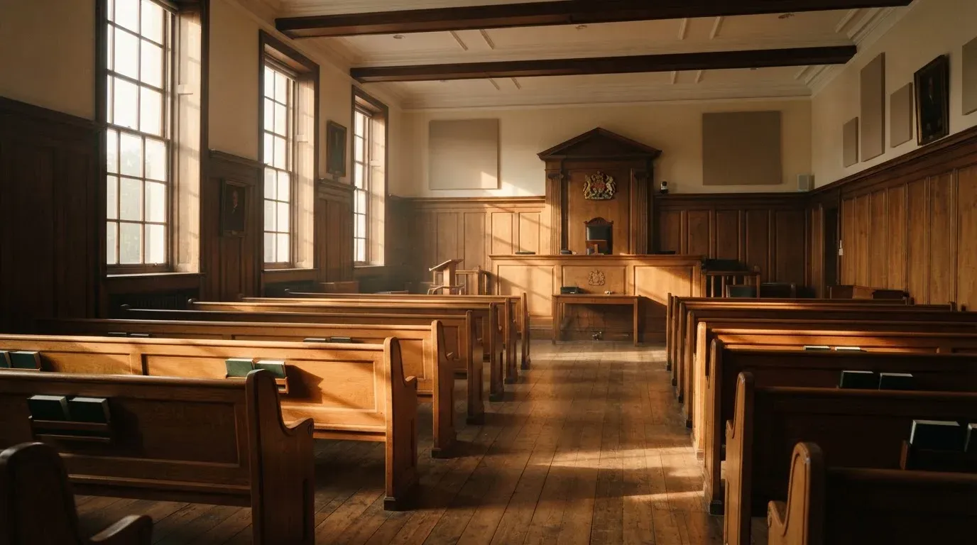 An empty courtroom with wooden benches in morning light