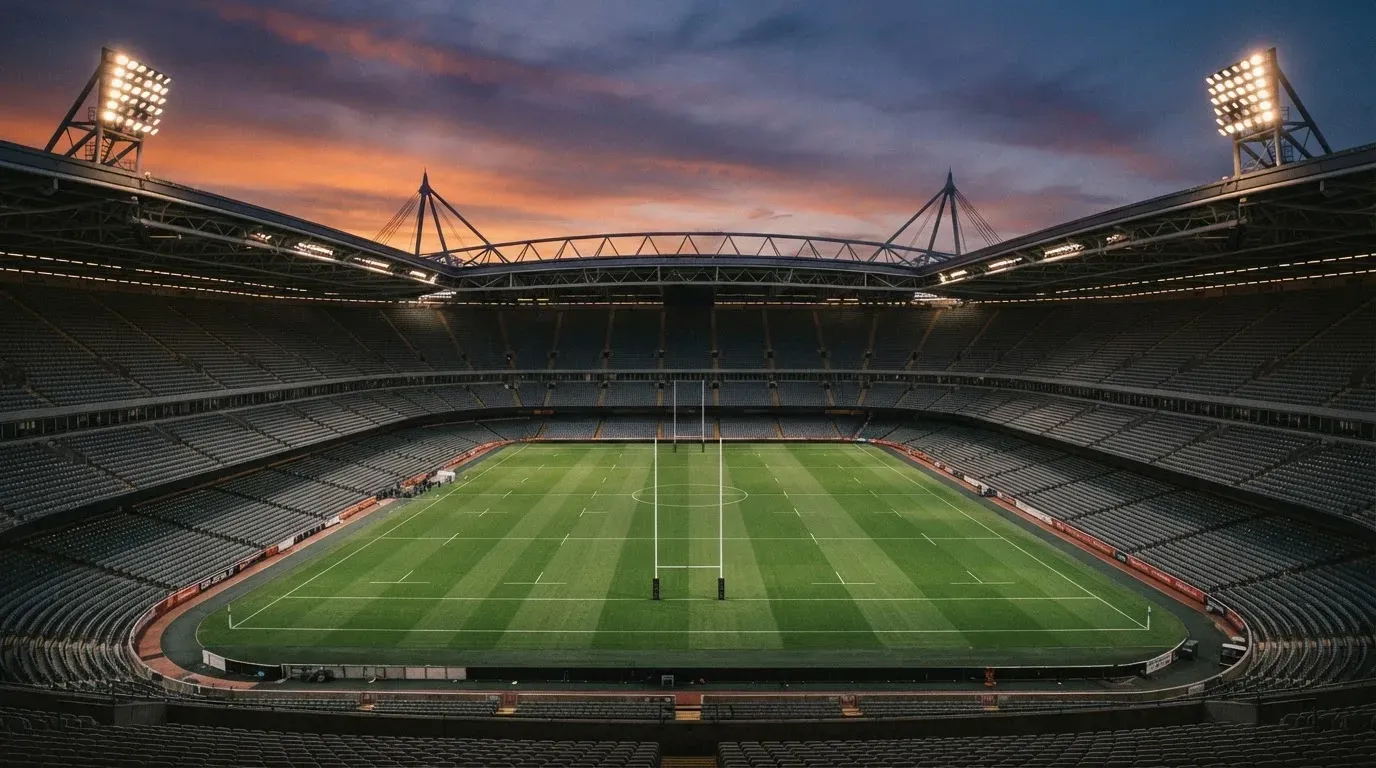 An empty football stadium with floodlight masts at dusk