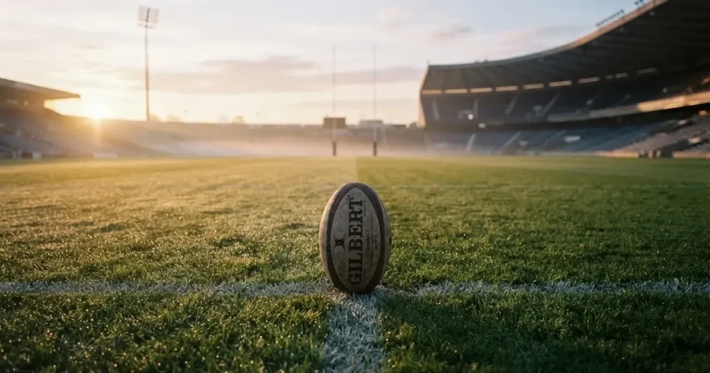 A ball on the centre spot of a grass pitch in morning light