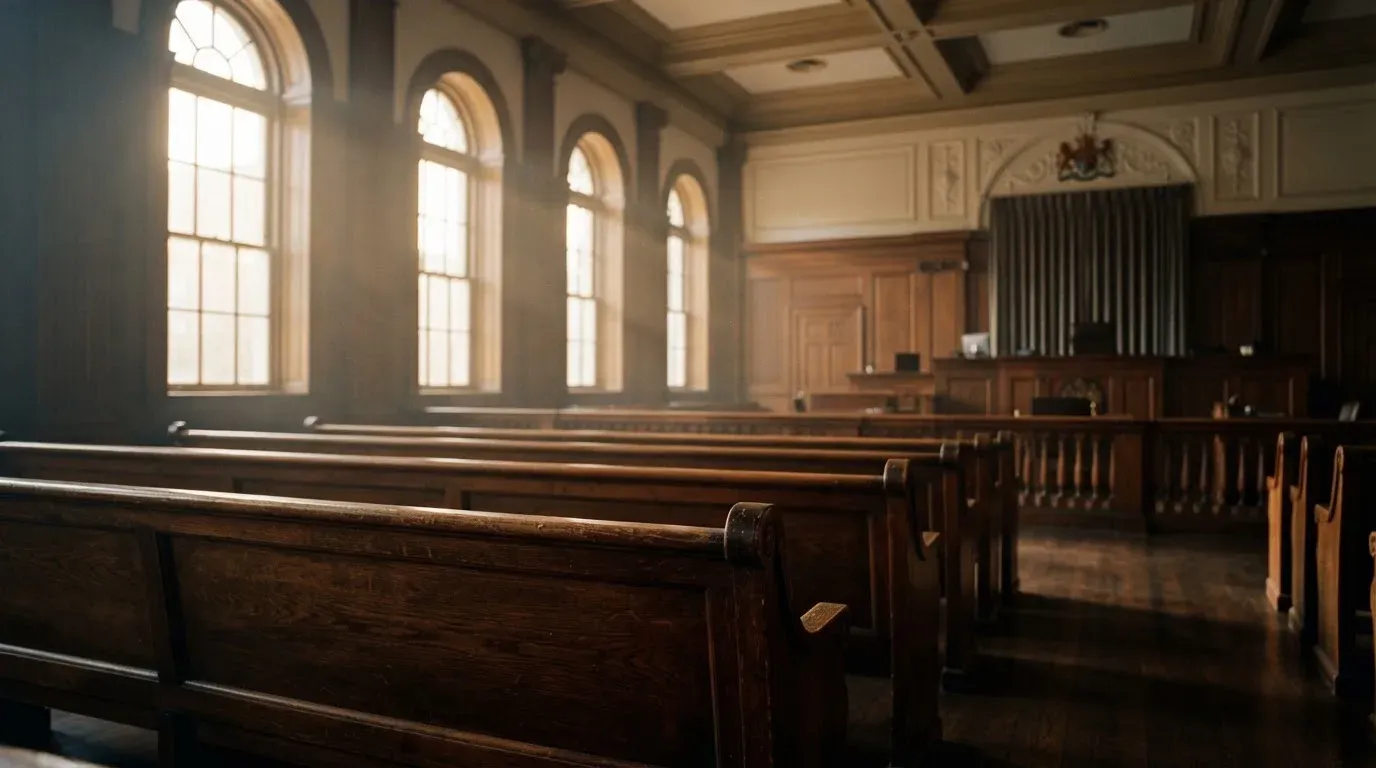 An empty courtroom with wooden benches in morning light