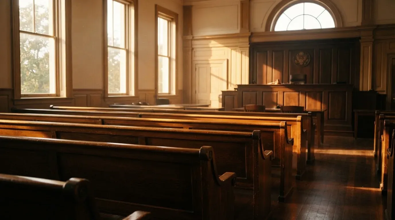 An empty courtroom with wooden benches in morning light
