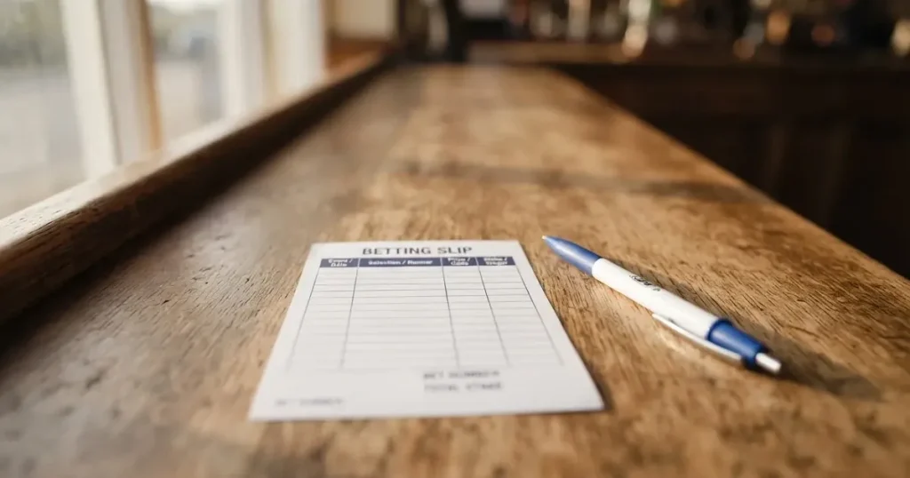 A blank paper betting slip beside a pen on a wooden counter