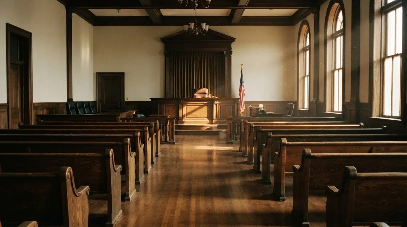 An empty courtroom with wooden benches in morning light