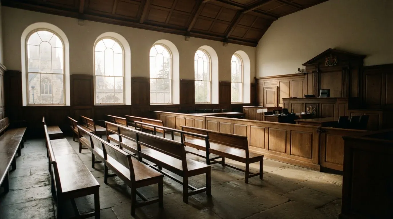 An empty courtroom with wooden benches in morning light