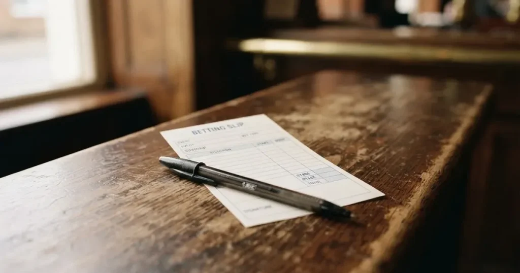 A blank paper betting slip beside a pen on a wooden counter