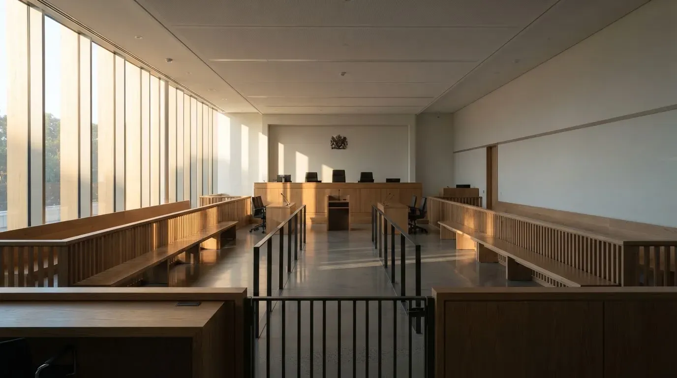 An empty courtroom with wooden benches in morning light
