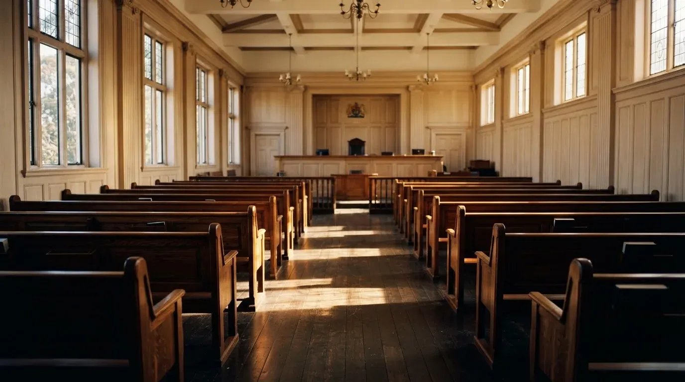 An empty courtroom with wooden benches in morning light