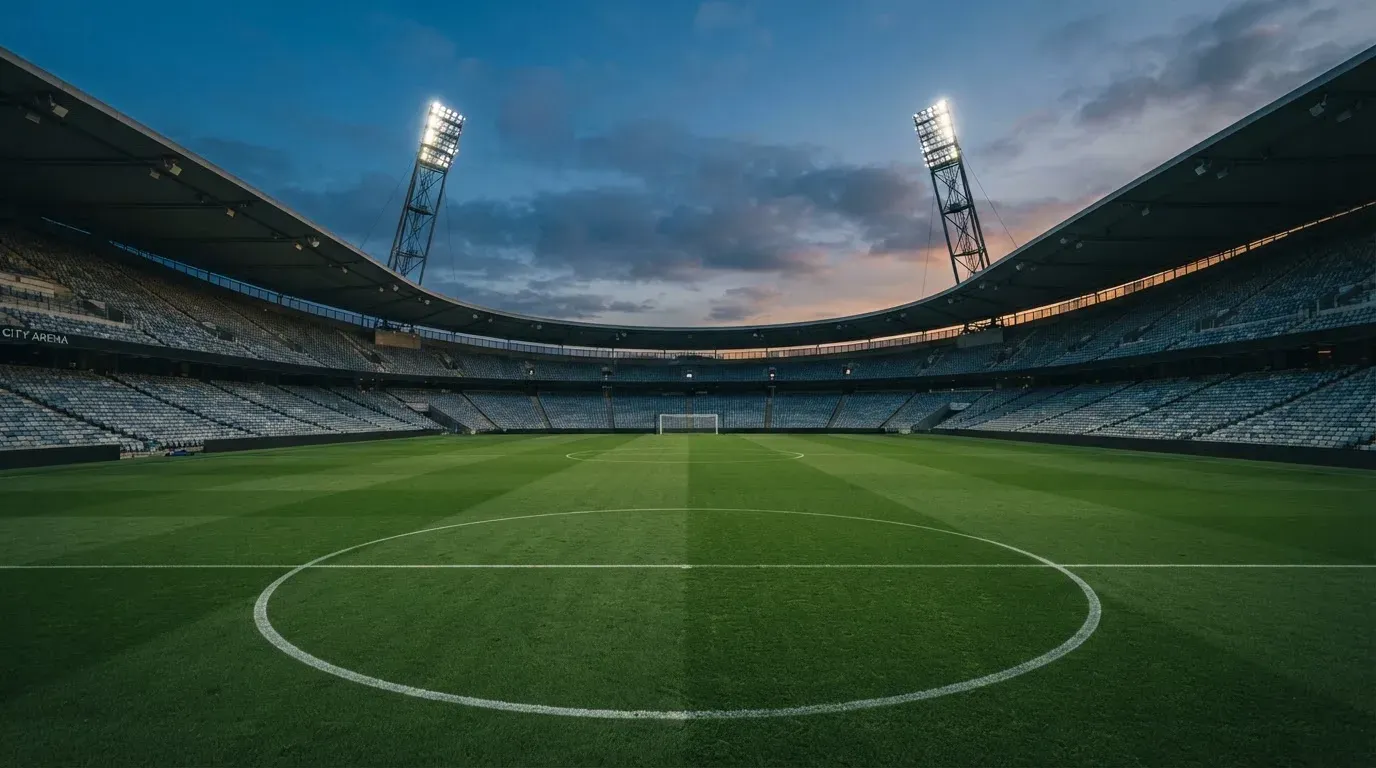 An empty football stadium with floodlight masts at dusk