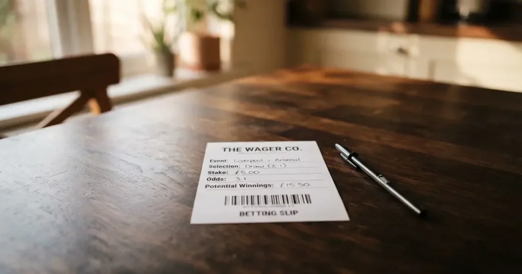 A blank paper betting slip beside a pen on a wooden counter