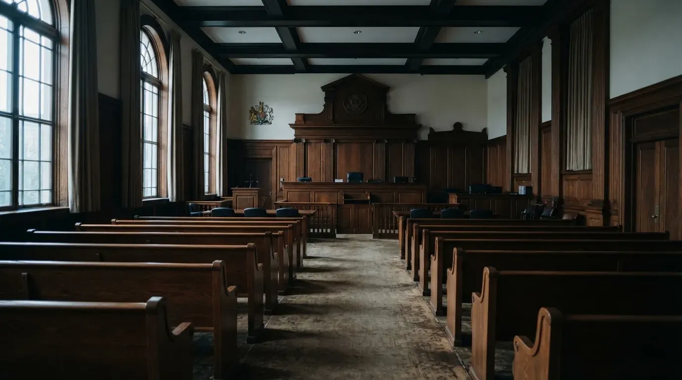 An empty courtroom with wooden benches in morning light
