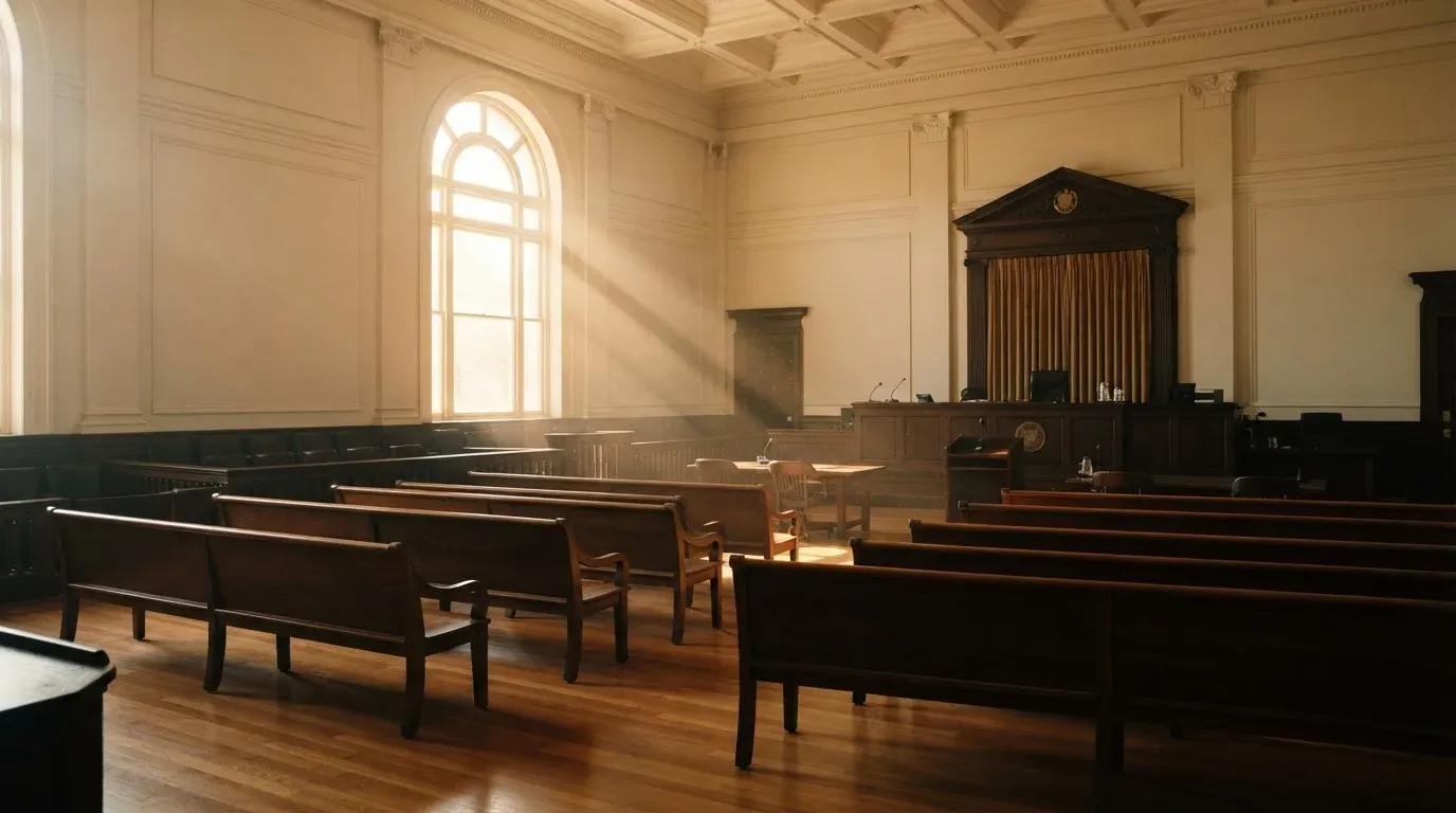 An empty courtroom with wooden benches in morning light