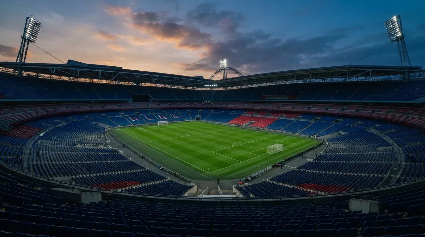 An empty football stadium with floodlight masts at dusk