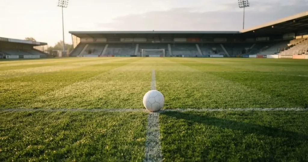 A ball on the centre spot of a grass pitch in morning light