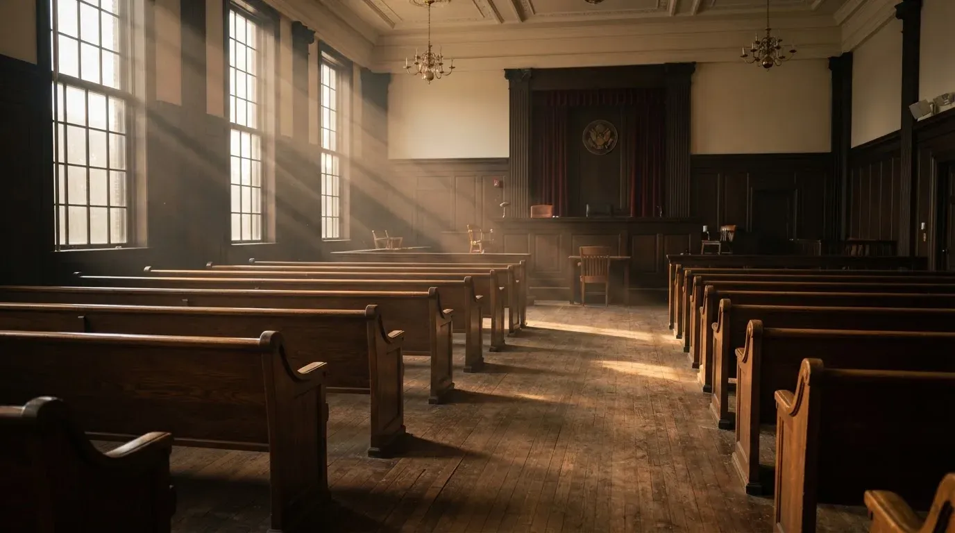 An empty courtroom with wooden benches in morning light