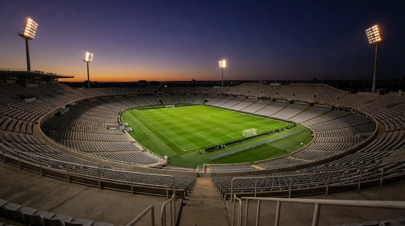 An empty football stadium with floodlight masts at dusk