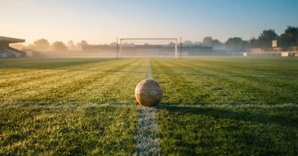 A ball on the centre spot of a grass pitch in morning light