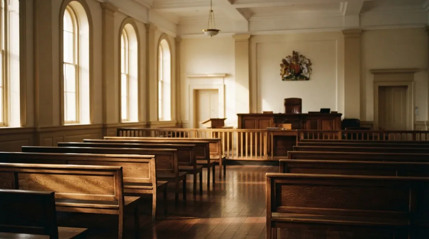 An empty courtroom with wooden benches in morning light