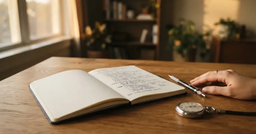An open notebook with a pencil and a stopwatch on a wooden table