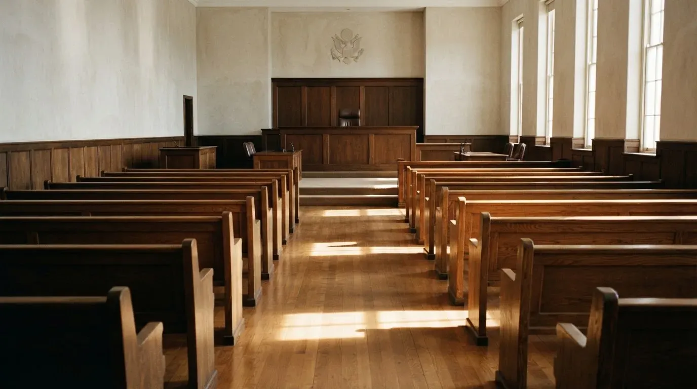 An empty courtroom with wooden benches in morning light