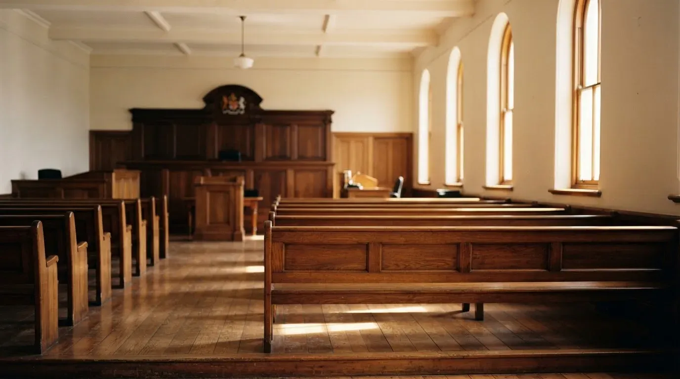 An empty courtroom with wooden benches in morning light